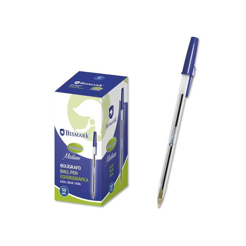 Pack De 50 Unidades Bismark Boligrafo De Bola - Punta Redonda - Capuchon Y Tapon Del Color De La Tinta - Color Azul