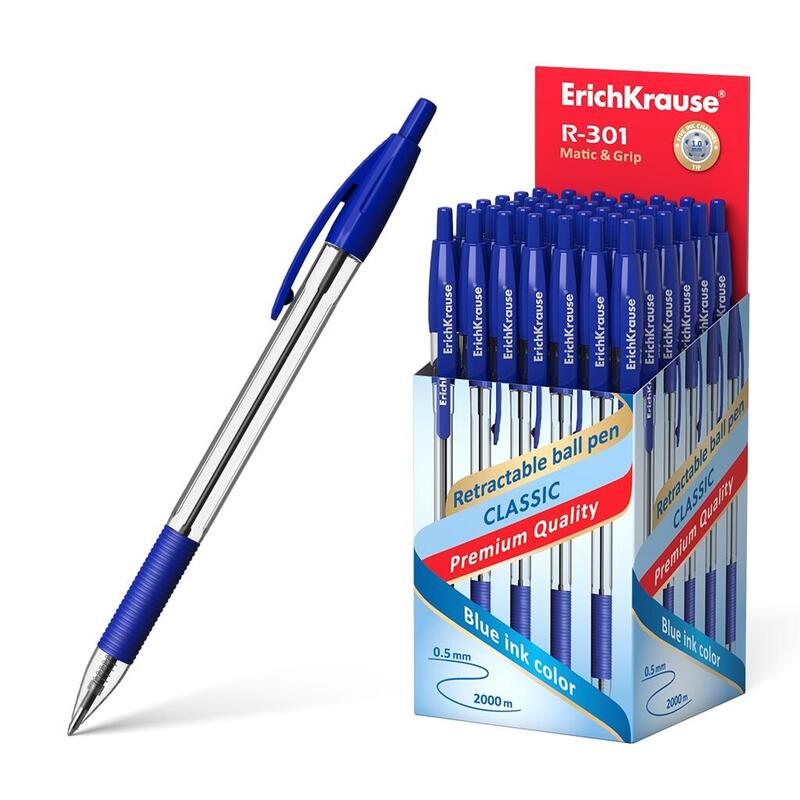 Pack De 50 Unidades Erichkrause Boligrafo Automatico R-301 Classic Matic&Grip 1.0 - Punta De 1.0mm - Tinta De Secado Rapido - Color Azur