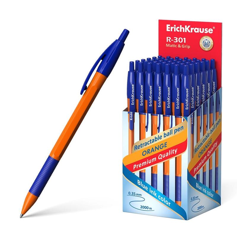 Pack De 50 Unidades Erichkrause Boligrafo Automatico R-301 Naranja Matic&Grip 07 - Cuerpo Hexagonal Opaco - Grip De Goma - Punta De 07mm - Tinta De Secado Rapido - Color Azur