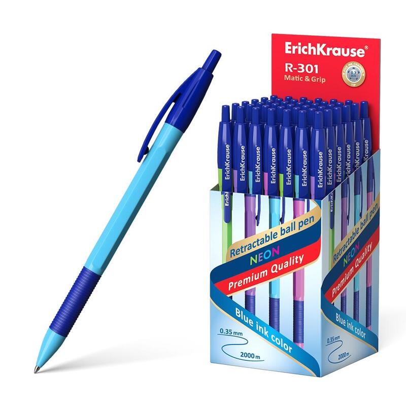 Pack De 50 Unidades Erichkrause Boligrafo Automatico R-301 Neon Matic&Grip 0.7 - Cuerpo Hexagonal Neon - Punta De 0.7mm - Tinta De Secado Rapido - Color Azul