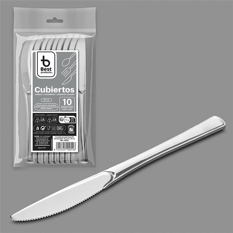 Pack De 6 Unidades - Cuchillo Reutilizable Color Plata 20 Cm, 10 Uds