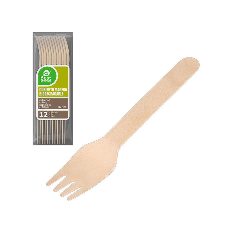 Pack De 6 Unidades - Tenedor De Madera 16 Cm, Bolsa 12 Uds