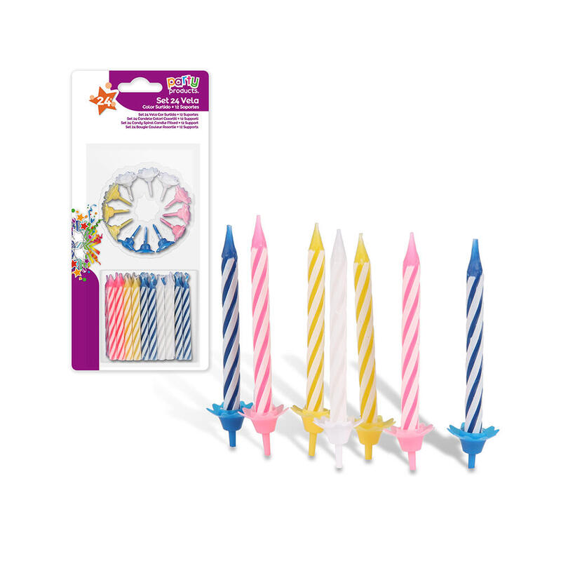 Pack De 6 Unidades - Velas 24 Uds + Soportes 12 Uds Colores Surtidos