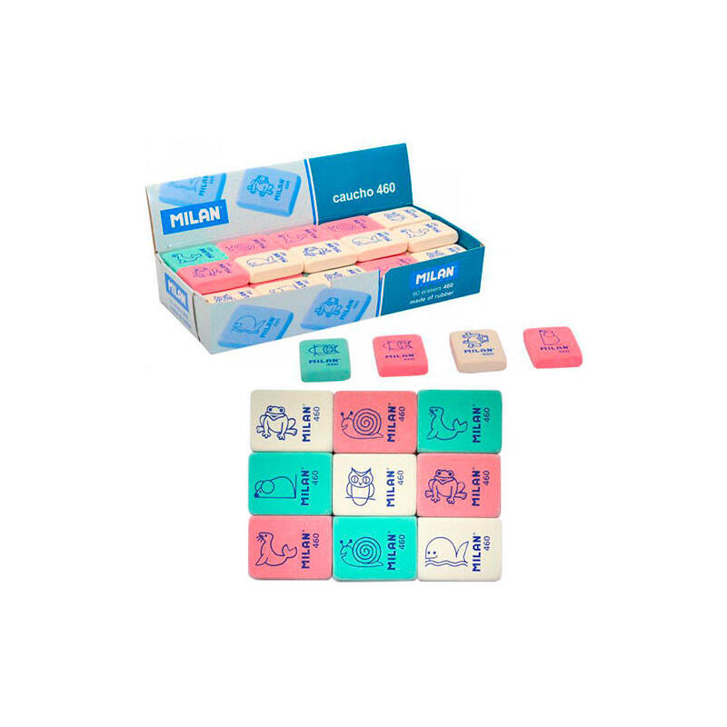 Pack De 60 Unidades Milan 460 Goma De Borrar Rectangular Flexible - Miga De Pan - Caucho Sintetico - Dibujos Infantiles - Colores Surtidos