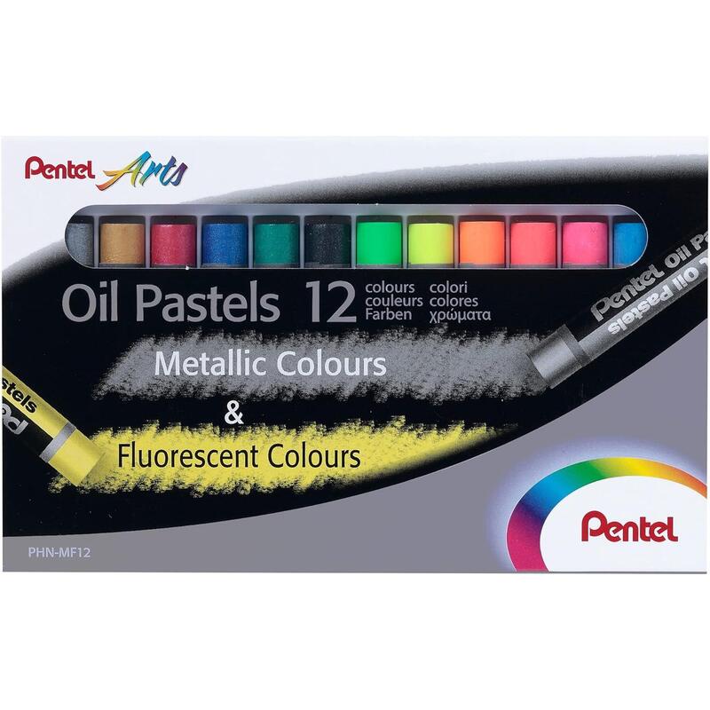 Pentel Oil Pastels Pack De 12 Pasteles Oleo - 6 Metalicos Y 6 Fluorescentes - Blandos, Cremosos Y De Secado Lento -