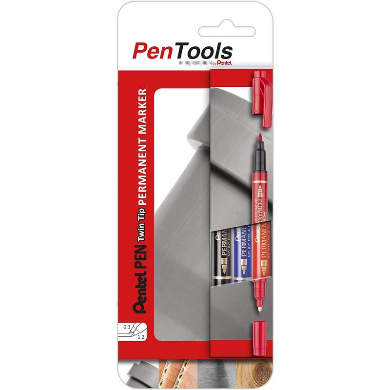 Pentel Pentools Pack De 3 Rotuladores Permanentes Industriales Pentel Pen Twin Tip - Doble Punta - Extrafina 0,6mm Y