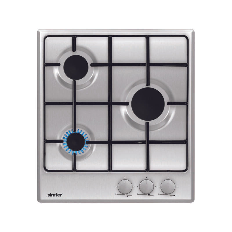 Placa De Cocción Simfer H4.300.Vgrim, Gas, Ancho 45 Cm, 3 Zonas De Cocción, Control Mecánico, Inox