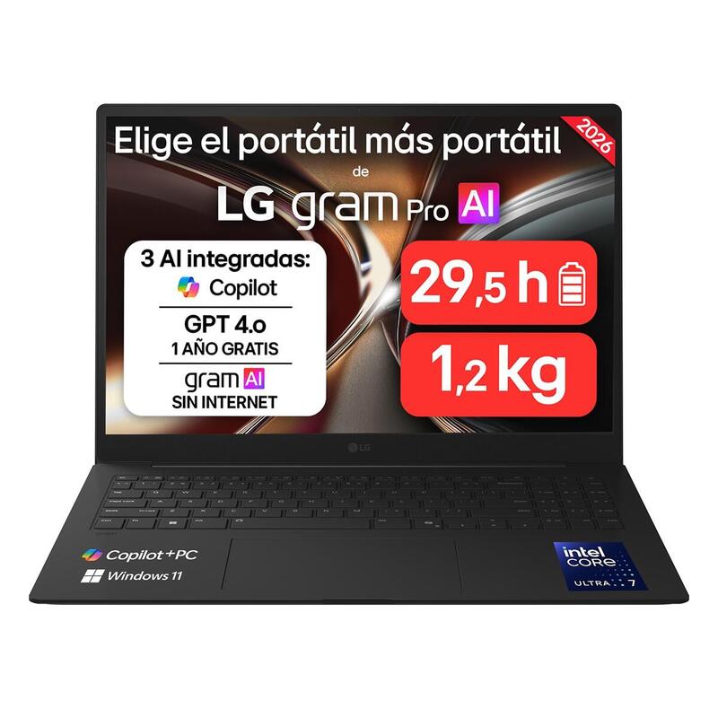 Portátil Lg Gram Pro 16z90u-G.Au88bn, Copilot+ Pc, Intel Core Ultra 7 355, 32 Gb, 1 Tb Ssd, 16", W11 - Negro Carbón