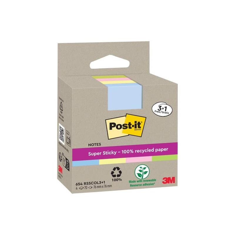 Post-It Super Sticky Pack De 4 Blocs De 70 Notas Adhesivas Recicladas - Forma Cuadrada - 76x76mm - Colores Surtidos