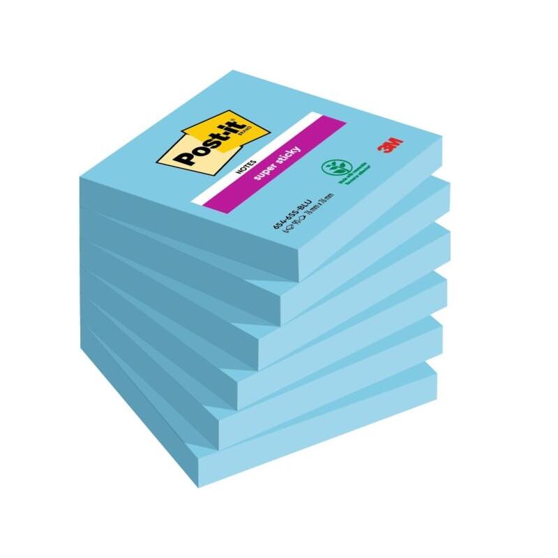 Post-It Super Sticky Pack De 6 Blocs De 90 Notas Adhesivas Reposicionables - Forma Cuadrada - 76x76mm - Azul