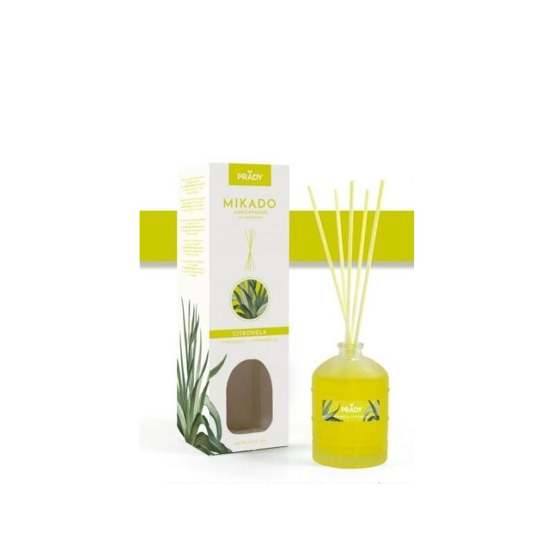 Prady Ambientador Mikado Citronela - Frasco De Cristal 100 Ml Y Varitas Difusoras