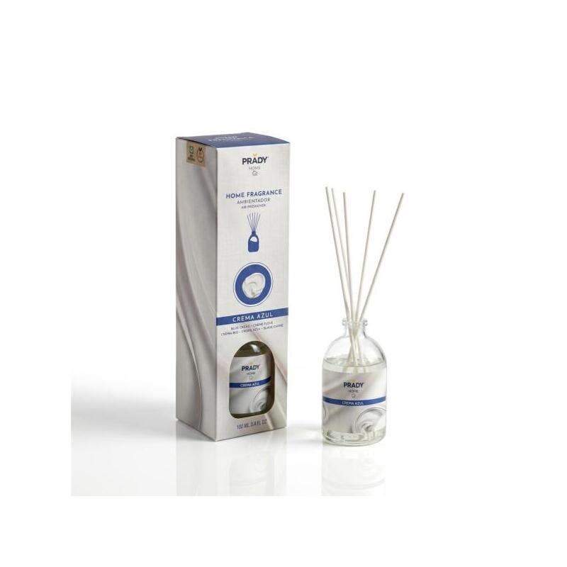 Prady Ambientador Mikado Crema Azul - Frasco De Cristal 100ml Y Varitas Difusoras