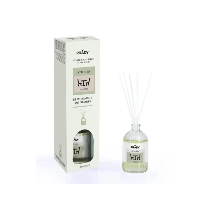 Prady Ambientador Mikado Neutralizador De Olores Para Cocina - Frasco De Cristal 100 Ml Y Varitas Difusoras