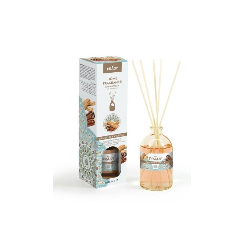 Prady Ambientador Mikado Sandalo Y Canela - Frasco De Cristal 100ml Y Varitas Difusoras