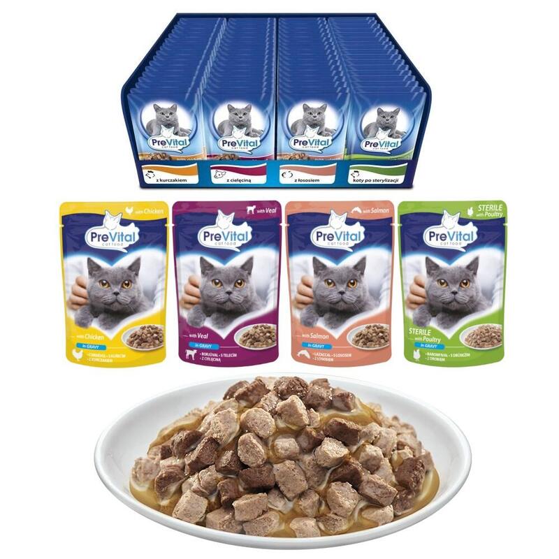 Prevital Comida Para Gatos Mix 4 Sabores Pollo, Ternera, Salmón, Aves Comida Húmeda Para Gatos 96 X 100 G