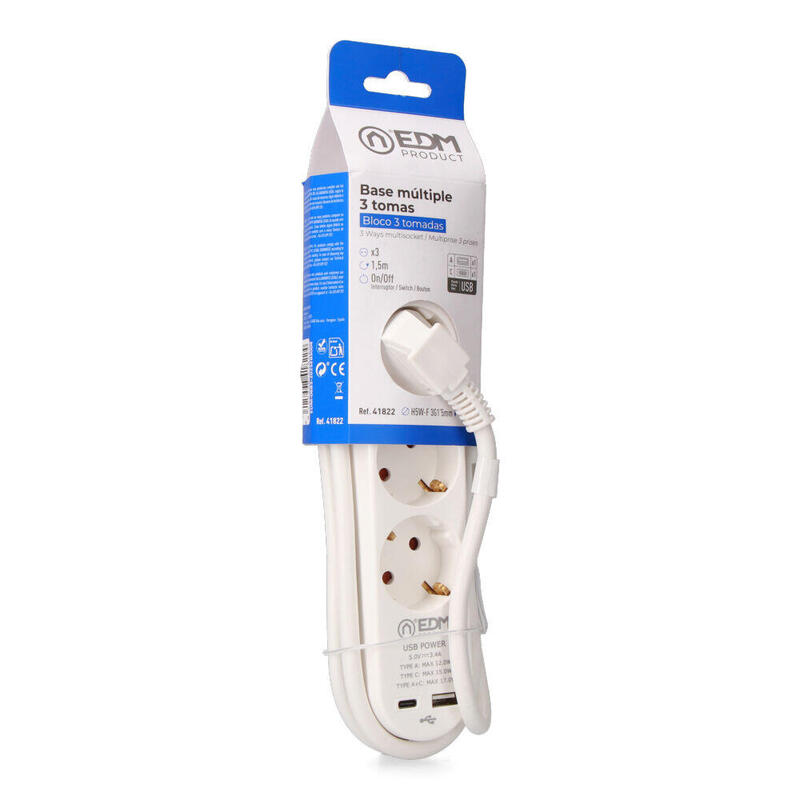 Prolongador Con 3 Tomas 2p+T Schuko, Con Interruptor, 2 Usb A + C, 16 A 250 V, Cable H05vv-F, 3g1,5mm² De 1,5 M, Blanco