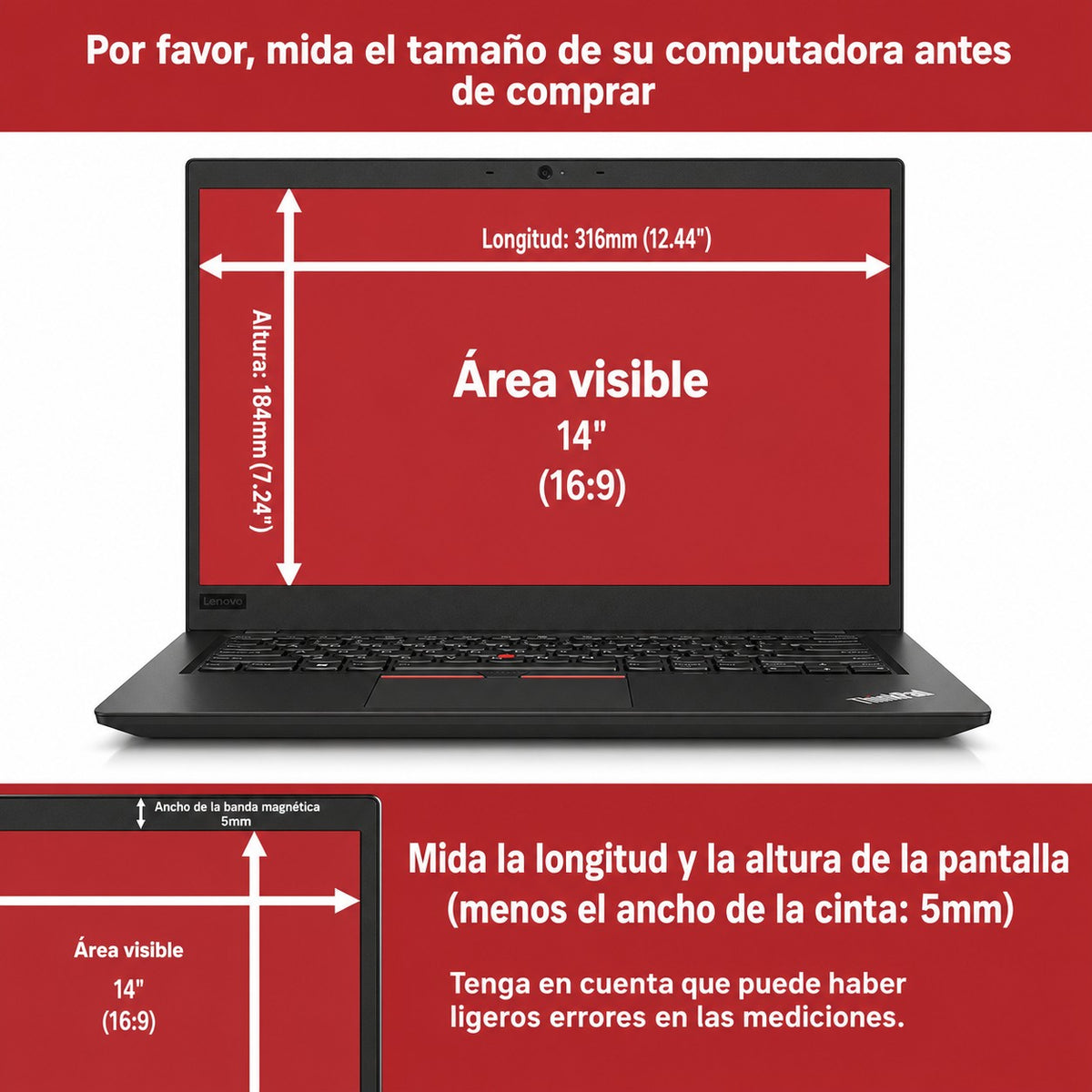 Protector De Pantalla 14" Magnético Con Filtro De Privacidad Lenovo Thinkpad T440 T450 T460 T470 E450 L460 310X181 Mm