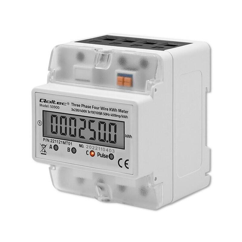 Qoltec 50900 Contador Electrónico De Consumo De Energía Trifásico 230v Lcd 4p Carril Din