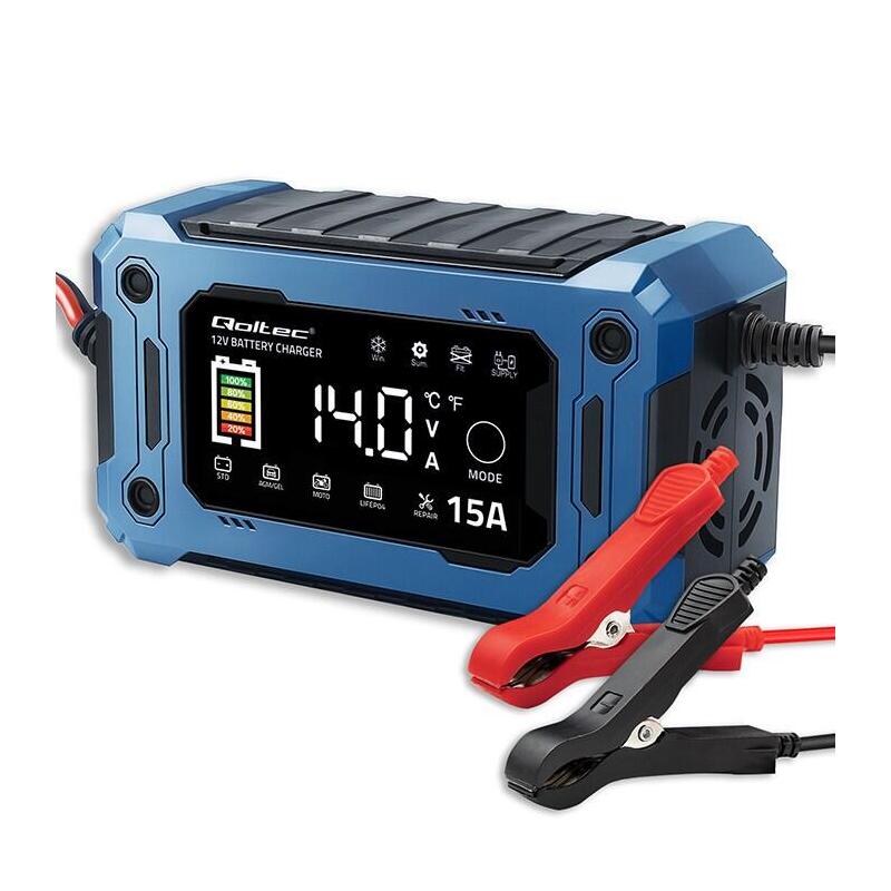 Qoltec 52496 Cargador De 12v 15a Rectificador Con Función De Reparación Y Mantenimiento De La Alimentación Durante El Reemplazo De La Batería Para Agm Gel Lifepo4 Lcd