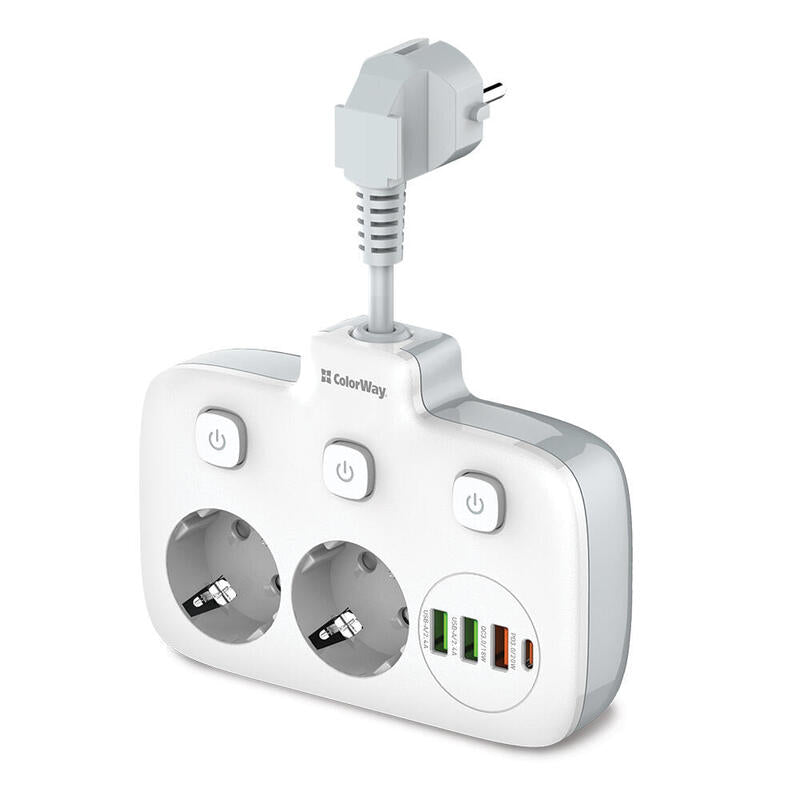 Regleta Colorway Cw-Che24pdw Toma De Corriente: 2 Enchufes Eu 3 Usb-A 1 Usb-C Blanco 2.5m