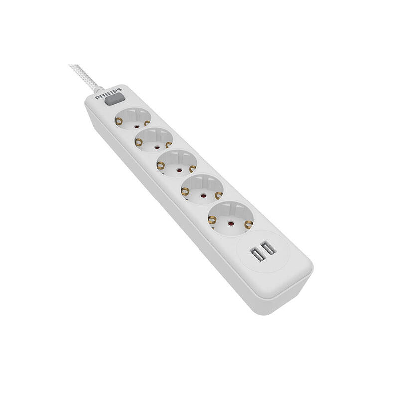Regleta Con Interruptor Philips Spn3052wa 5 Tomas De Corriente 2 Usb Cable 2m Blanca