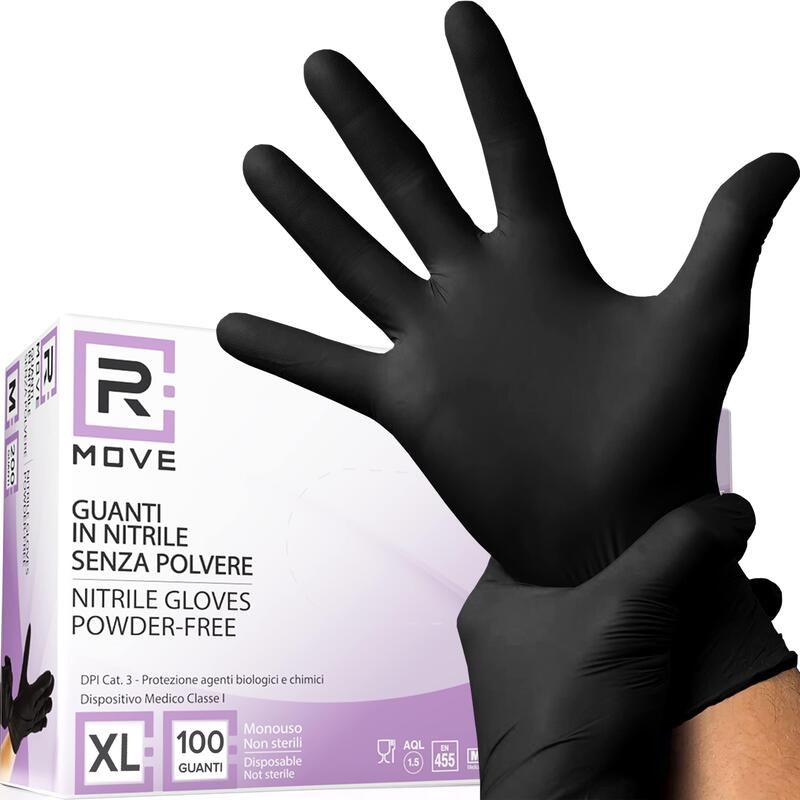 Rmove 1conf. Da 100pz Tg.Xl - Guanti Nitrile Nero Uso Medico Senza Polvere