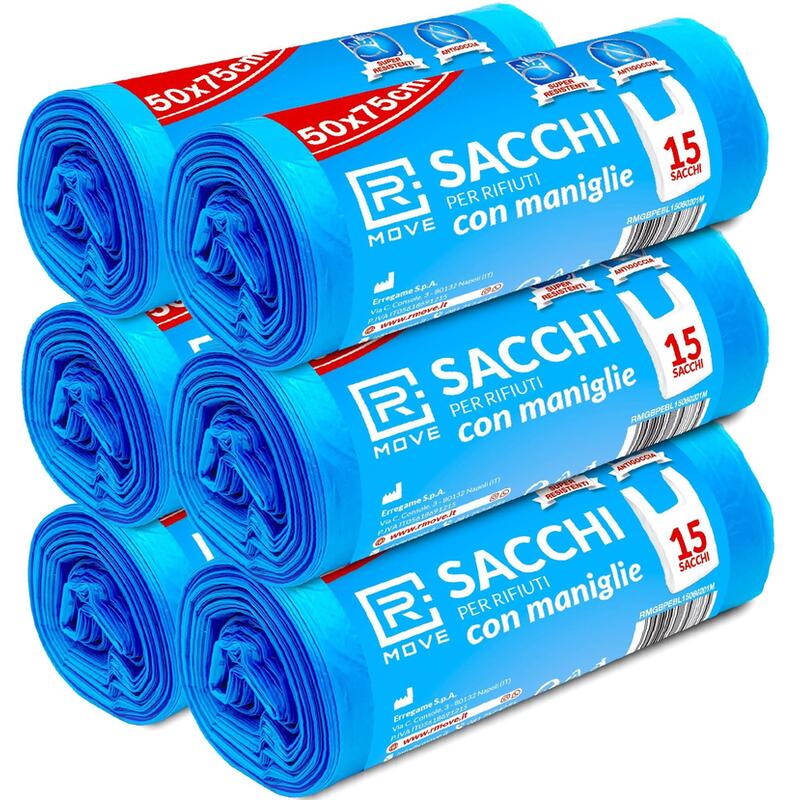 Rmove Sacchi Rifiuti 50x75cm Con Maniglie 6 Rotoli Da 15 Sacchi Blu