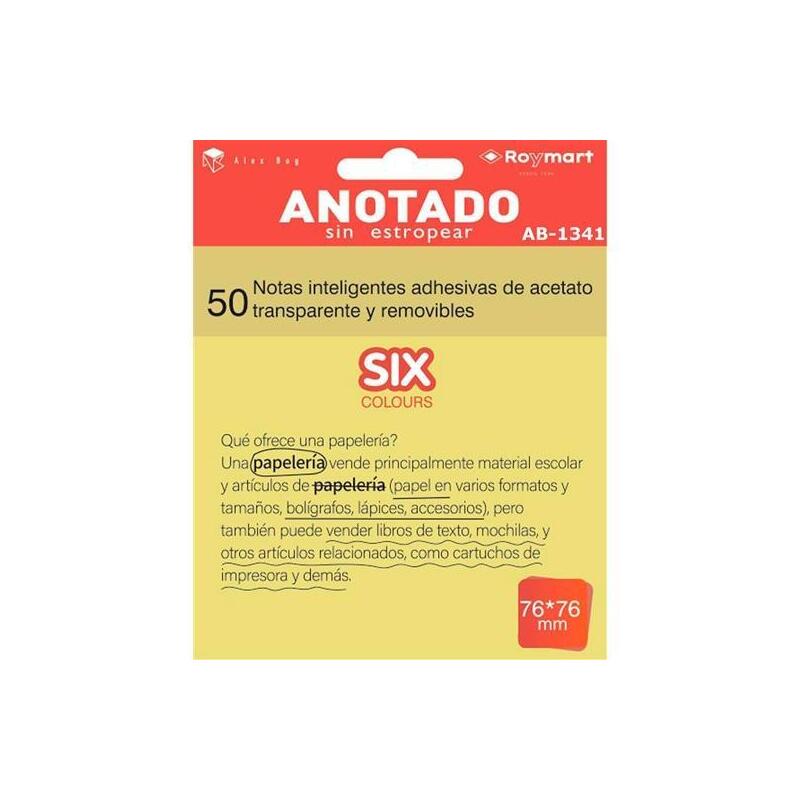 Roymart Bloc Notas Adhesivas Inteligentes Removibles Transparentes 50h 76x76mm Acetato Amarillo Flúor