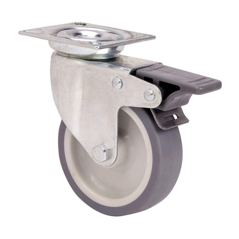 Rueda Giratoria De Goma Con Placa, Eje Liso Y Freno, Color Gris, Carga Máx. 60 Kg, Ø 8 Cm