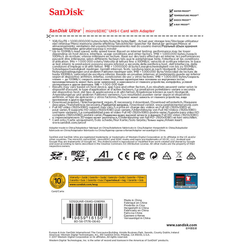 Sandisk Micro Sd 64gb Ultra Android Microsd Xc Uhs-I + Adaptador Sandisk Sd Clase 10 100mb/S