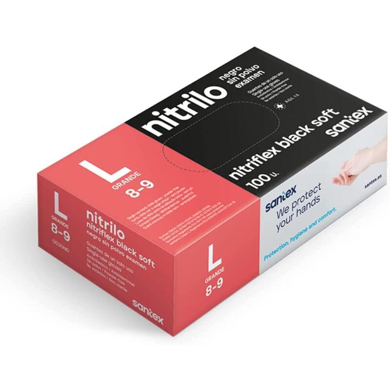 Santex Nitriflex Black Soft Pack De 100 Guantes De Nitrilo Para Examen Talla L - Sin Polvo - Libre De Latex - Ambidiestros - No Esteriles - Color Negro