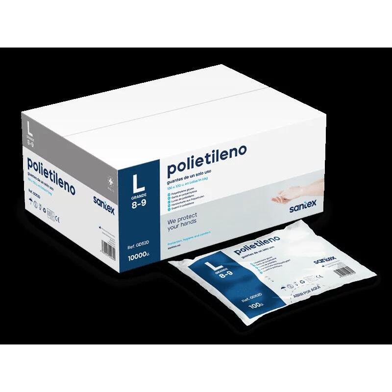 Santex Polietileno Pack De 100 Guantes De Polietileno Talla L - Sin Polvo - Libre De Latex - No Esteriles -