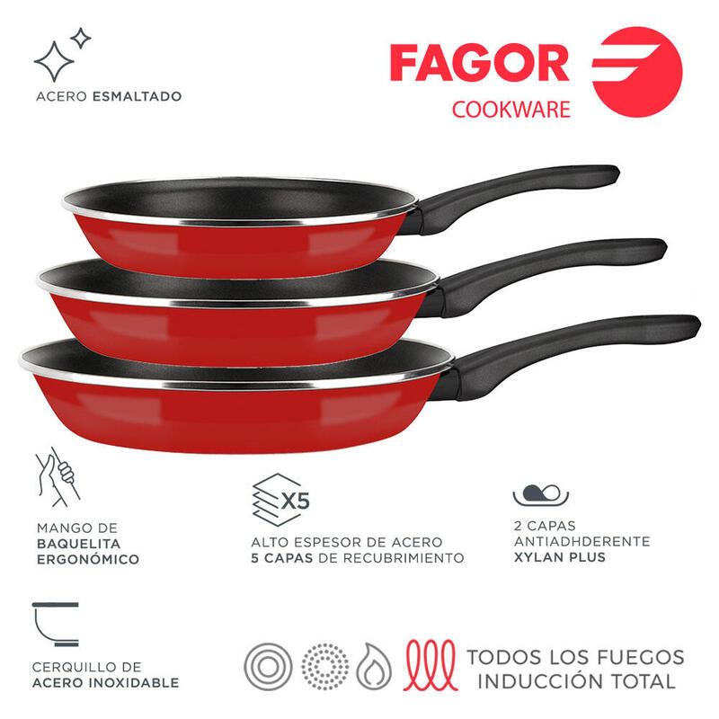 Sarten Optimax Ø20+24+28cm Acero Esmaltado 1,5mm Fagor