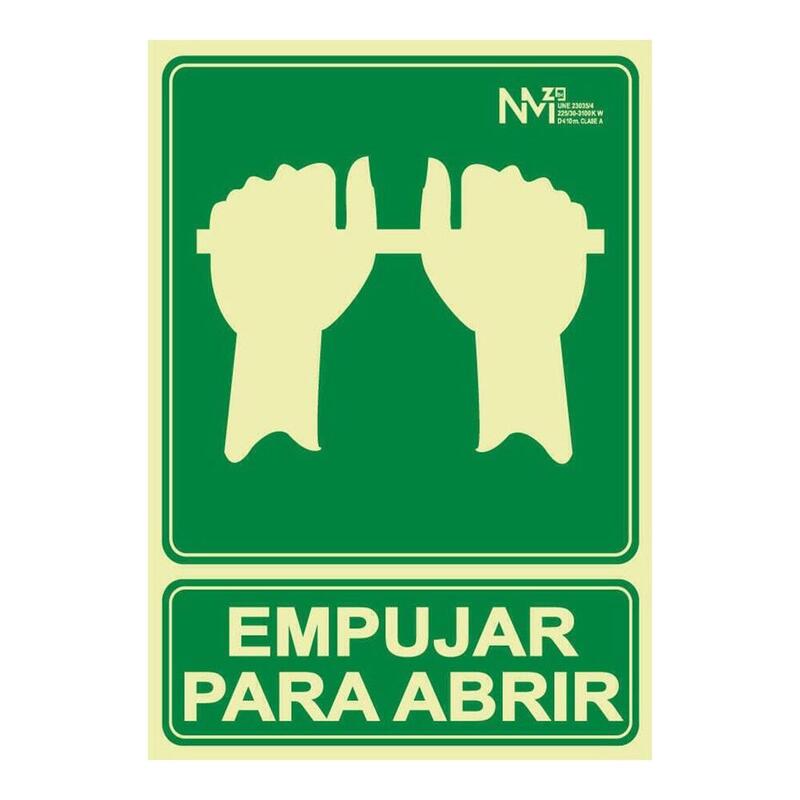 Señal De Evacuación Empujar Para Abrir - Clase B - Pvc 0,7 Mm, 22,4 X 30 Cm