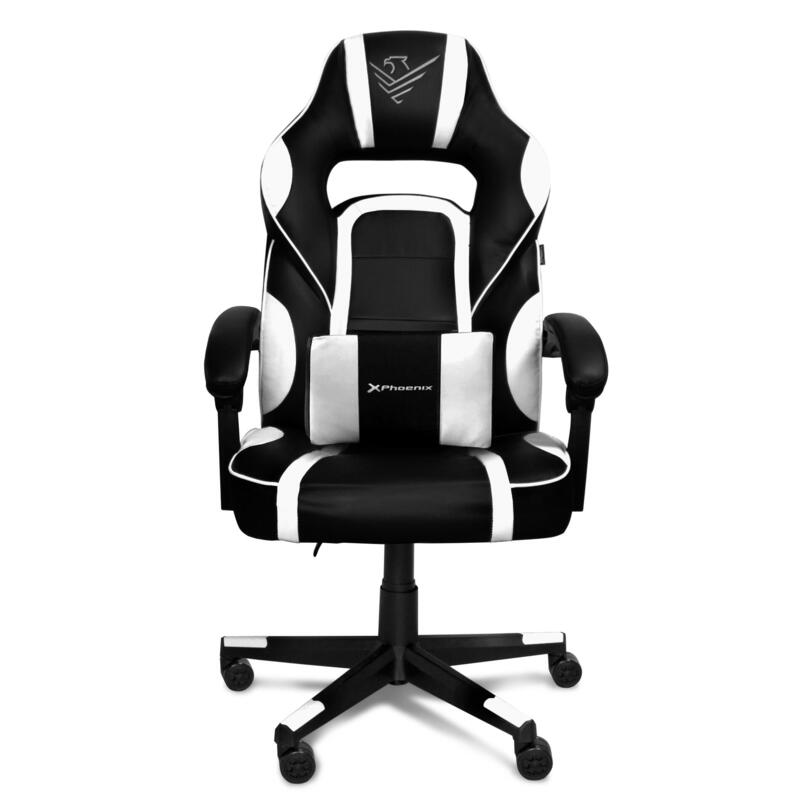 Silla Gaming Phoenix Trophy Ajustable Altura Y Bloqueo - Reposabrazos Abataibles Antideslizamiento - Cojin Lumbar Ajustable - Respaldo Adjustable 15 - Giro 360 Ruedas Nylon - Negro Y Blanco