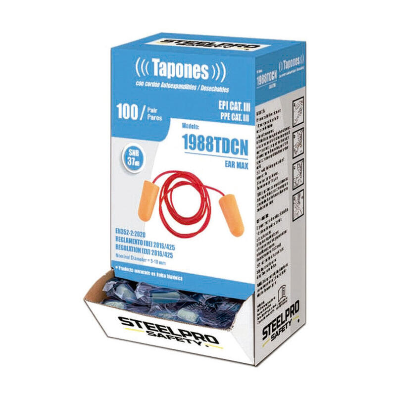 Tapones Auditivos Ear Max Desechables Con Cordón, Caja 100 Uds
