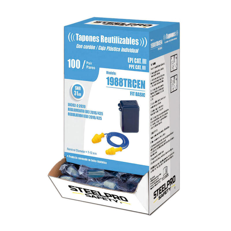 Tapones Auditivos Fit Basic Reutilizables De Tpr Con Cordón, Caja 100 Uds