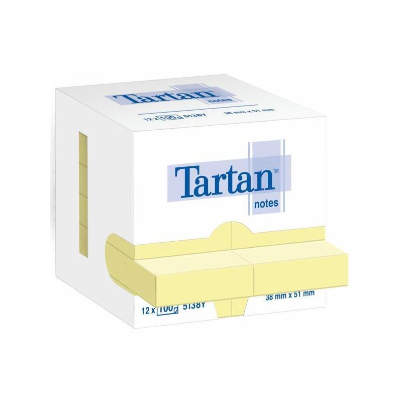 Tartan Pack De 12 Blocs De 100 Notas Adhesivas Reposicionables 51x38mm - 100% Pefc - Amarillo Claro
