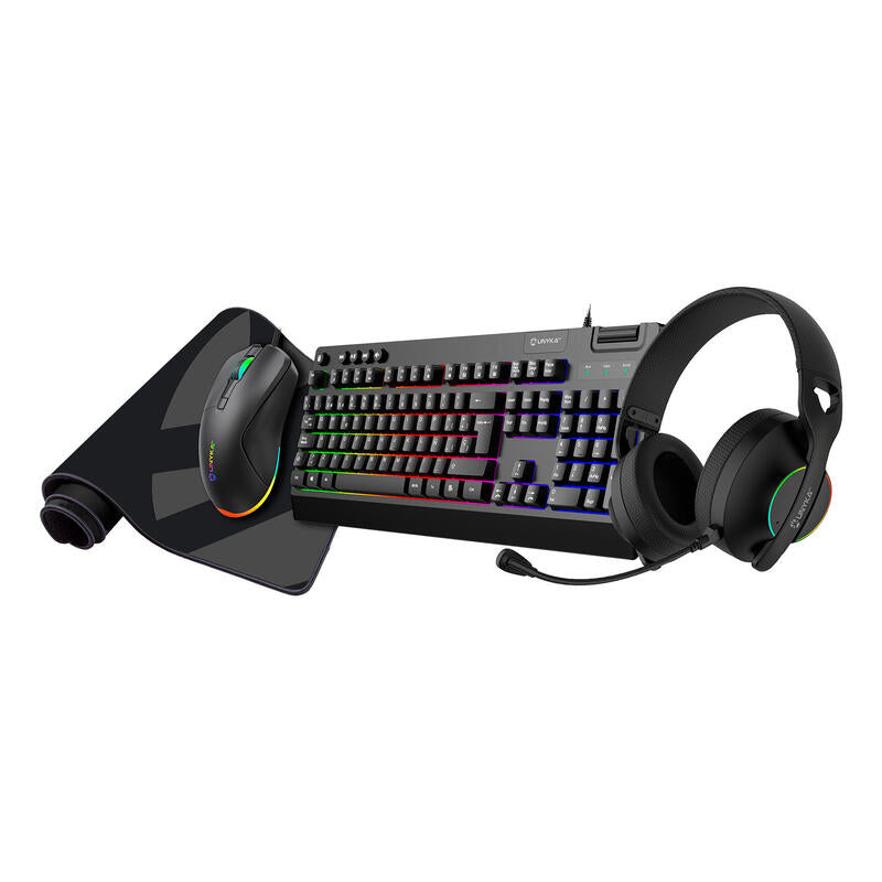 Teclado Español Unykach Pack Gaming Nova 4 En 1 Ratón Cascos, Alfombrilla