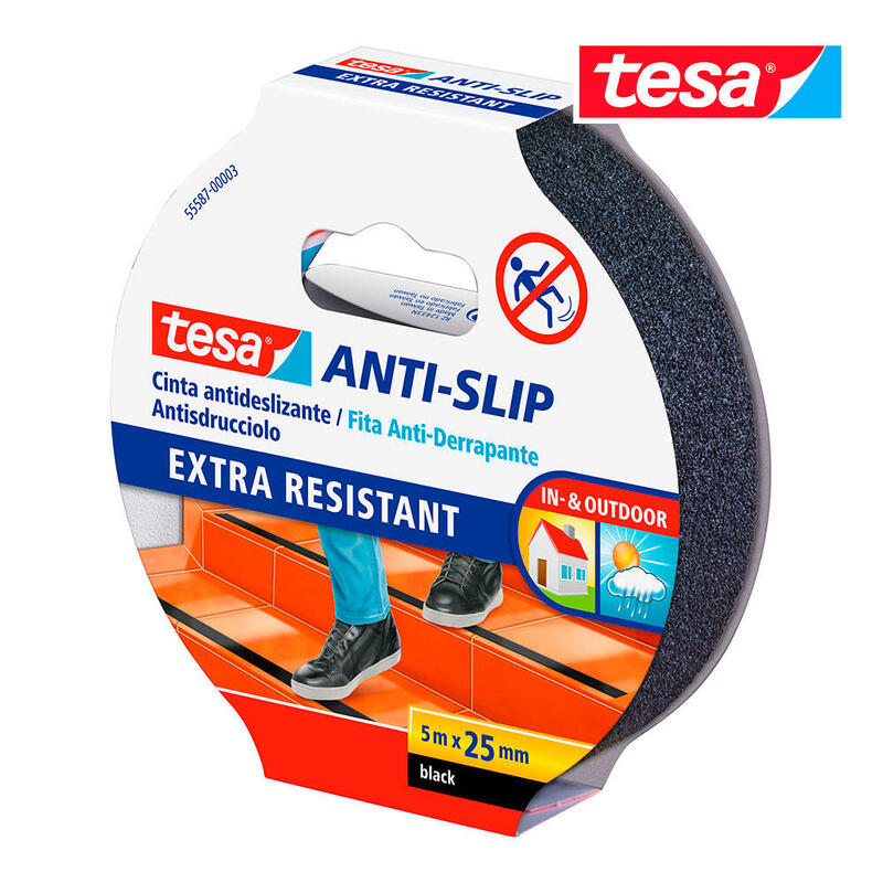 Tesa Cinta Adhesiva Antideslizante 25mm X 5m - Extremadamente Fuerte Y Duradera - Adhesion Muy Fuerte - Se Puede Cortar