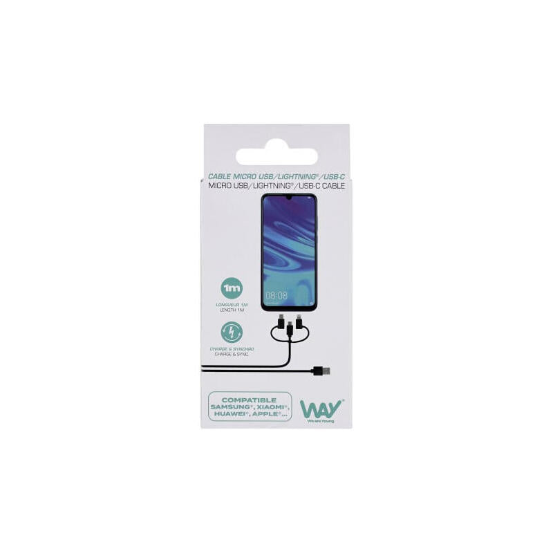 Tnb Way - Usb/Micro Usb 3 En 1 - Usb-C - Cable De Carga Y Sincronización Lightning De 1 M - Negro