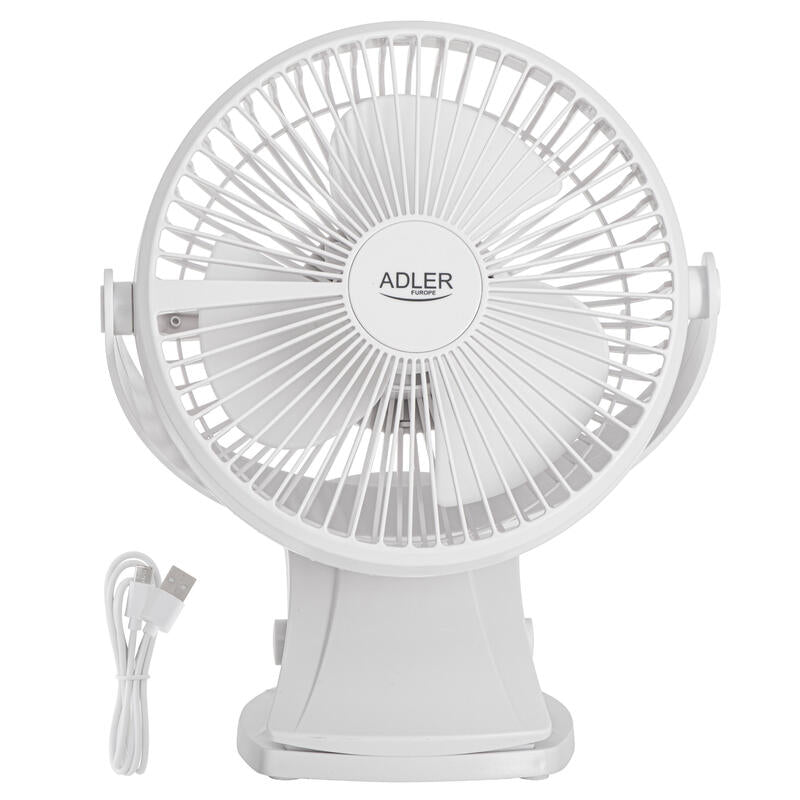 Ventilador De Escritorio Recargable Adler Ad 7342 Con Clip, 15,5 Cm, Rotación De 360°, Usb-C, Blanco