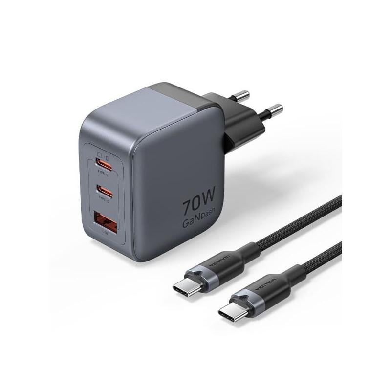 Cargador De Pared Vention - 70w - Gan - Cable De 1m Incluido - 2xusb-C - Usb-A - Carga Rapida Pd - Tecnologia Pps -
