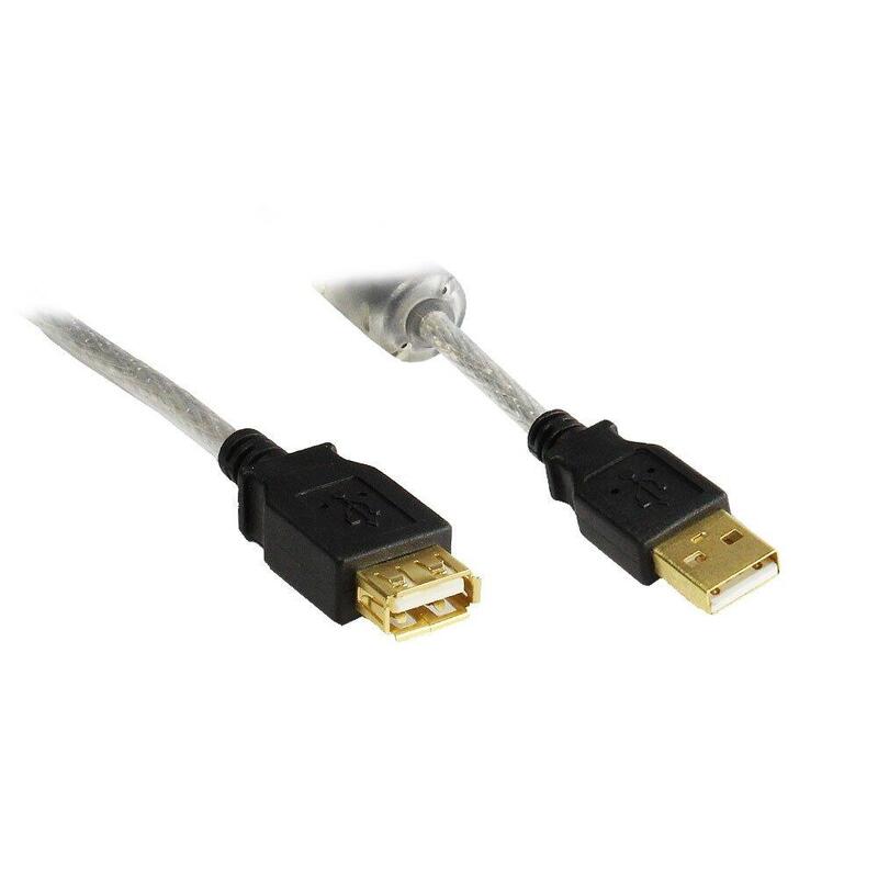 Verlängerung Usb 2.0 Stecker A An Buchse A, High Quality Mit Ferritkern Und Goldkontakten, Transparent, 5m,