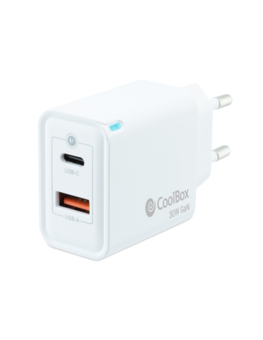 Coolbox Cargador Pared/viaje 3.0 Gan Usb-c/pd + Usb-a 30w Blanco Máximo 30w/ 1xusb-c. 1xusb-a/ Quickcharge 3.0