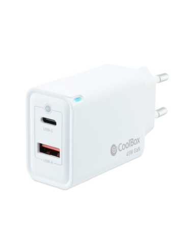 Coolbox Cargador Pared/viaje 3.0 Gan Usb-c/pd + Usb-a 45w Blanco Coolbox Máximo 45w/ 1xusb-c, 1xusb-a/ Quickcharge 3.0