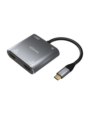 Aisens Conversor Usb-c A 2xhdmi 4k Sst Mst/usb2.0/usb-c Pd 60w - Usb-c/m-2xhdmi/h-usb-a/h-usb-c/h - 15cm - Gris