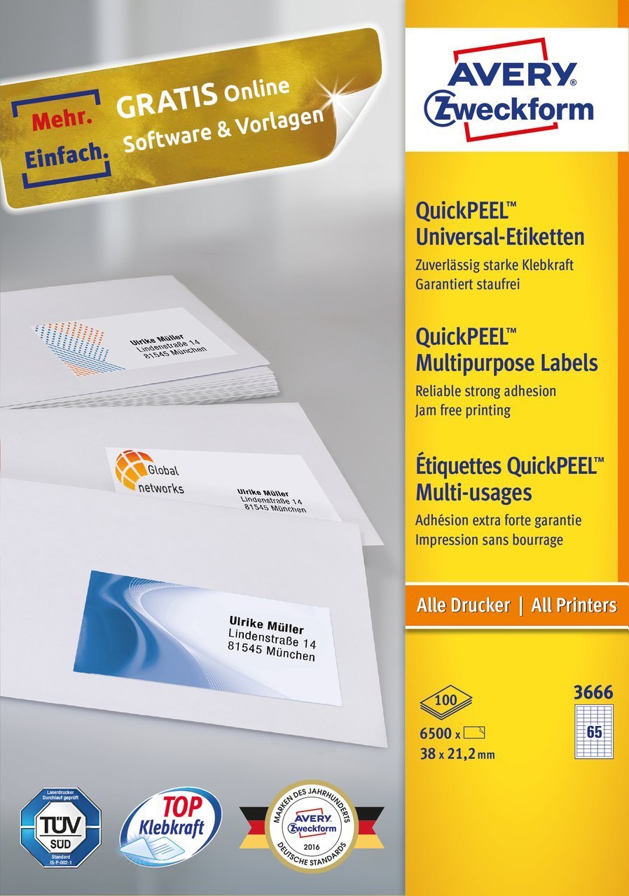 Avery Zweckform 3666 Self-Adhesive Label White Rectangle Permanent 6500 Pc(S)