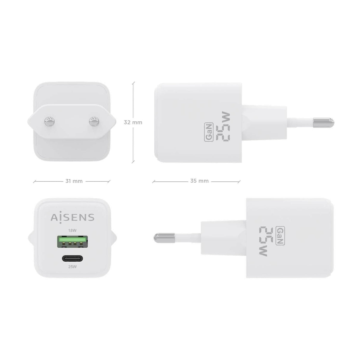 Aisens Cargador Gan 25w, 1xusb-C Pd3.0 Qc4.0, 1xusb-A Qc3.0, Blanco