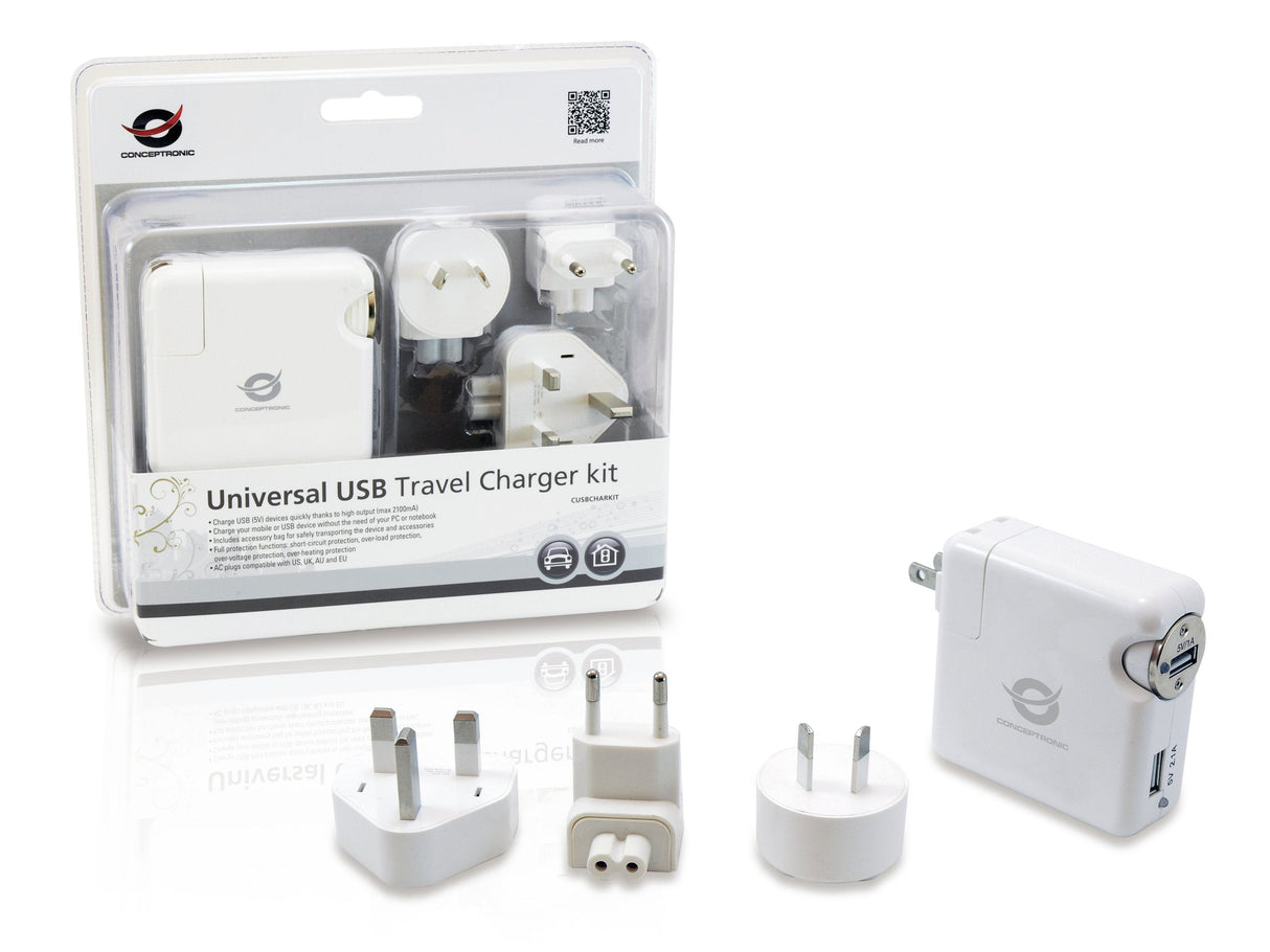 Conceptronic Kit Cargador De Viaje Universal Incluye Cargador Usb A Coche Y Pared Usb 5v 2a